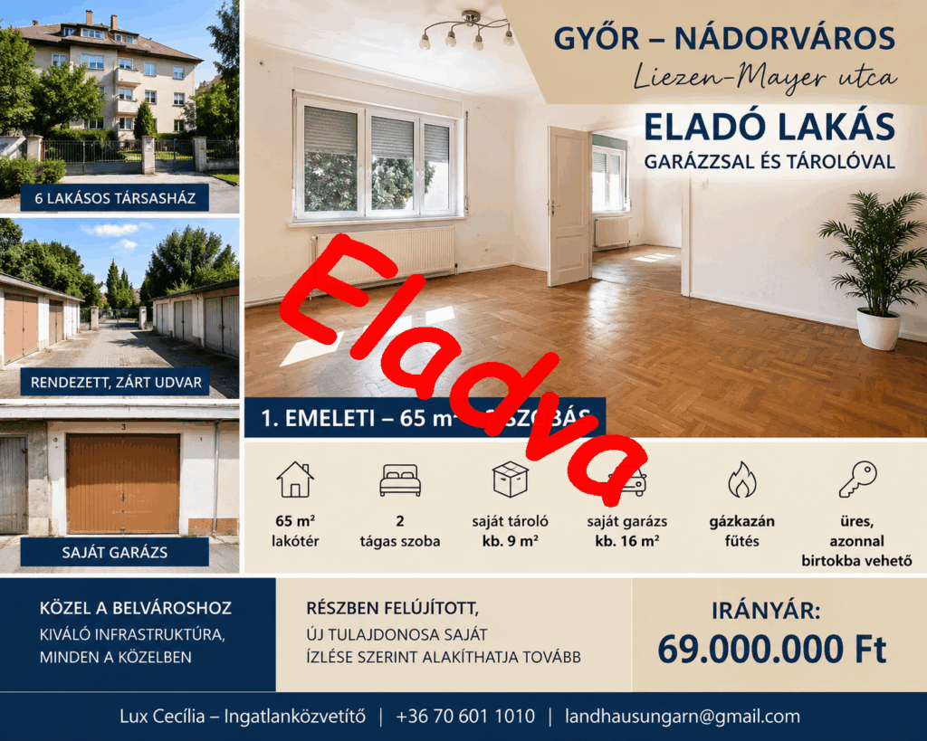 EIGENTUMSWOHNUNG MIT GARAGE UND ABSTELLRAUM ZU VERKAUFEN GYŐR – LIEZEN-MAYER UTCA