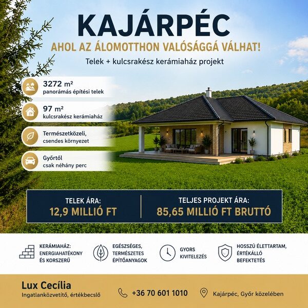 PANORAMA-BAUGRUNDSTÜCK MIT SCHLÜSSELFERTIGEM KERAMIKHAUS-PROJEKT IN KAJÁRPÉC
